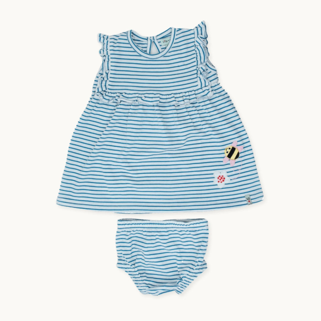 Applique Flower & Bee Character with stripe print sleevless Dress & Pant Set - front image