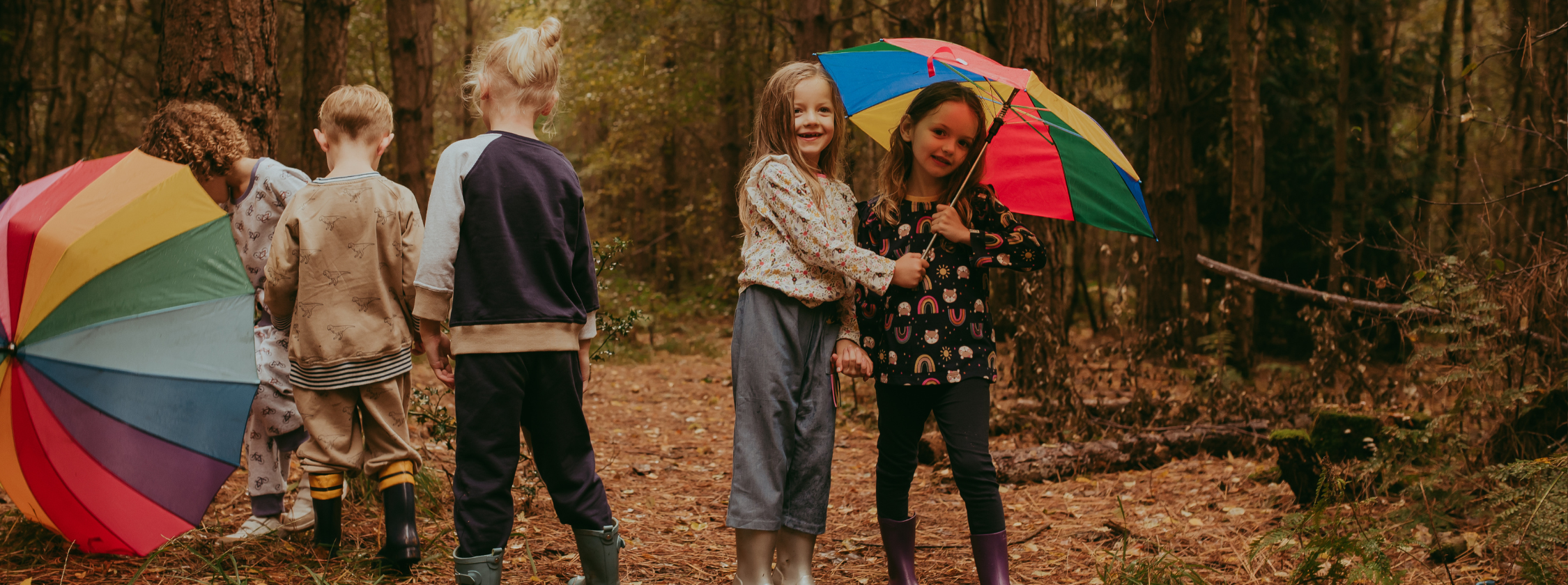 Inspired by Nature. 100% Certified organic cotton clothing for babies and kids. 2 children in the forest wearing organic clothing.