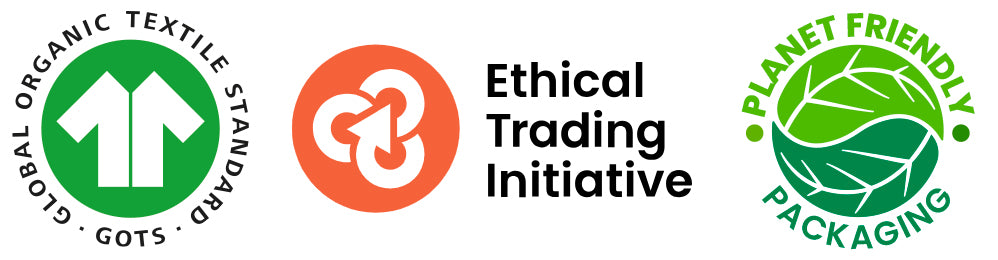 Trust Badges - GOTS approved, Ethical Trading Initiative and Planet Friendly Packaging