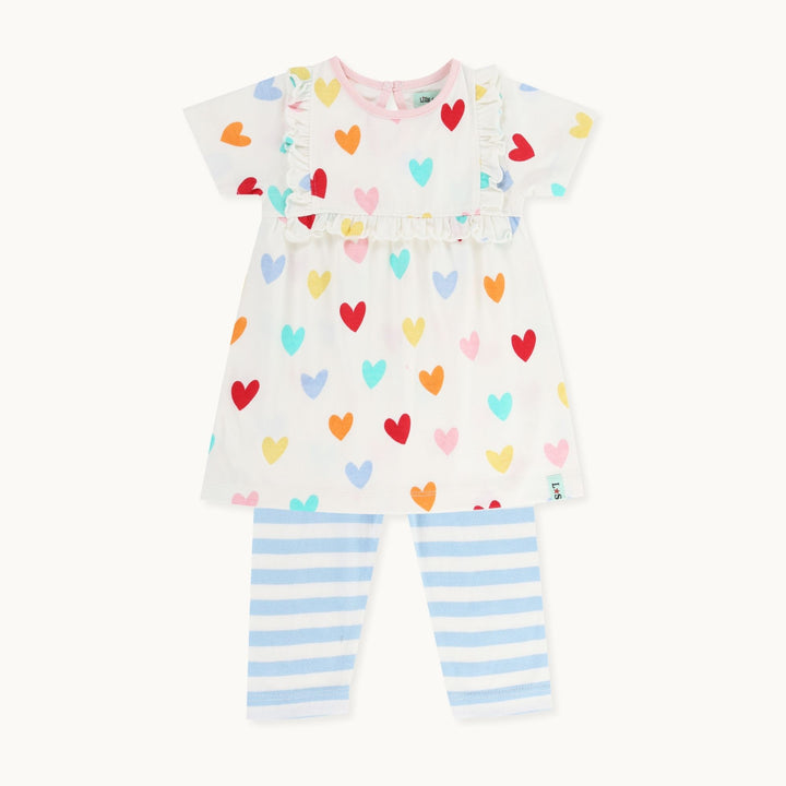 organic cotton Multicoloured Heart Print Dress And blue stripe Legging Set - image 1
