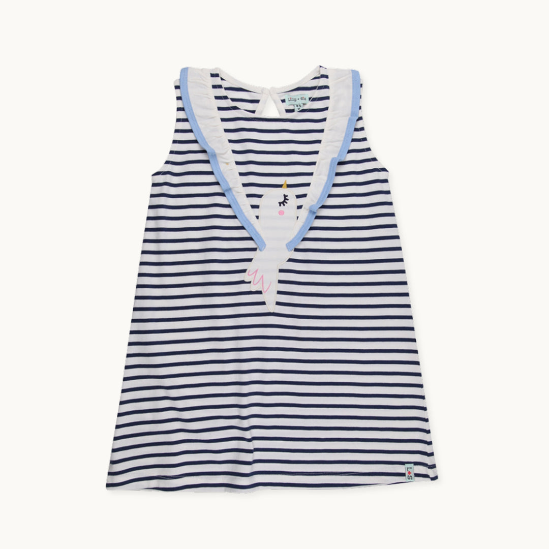 Betty Bird applique on a stripe print Frill Wing sleeve less Dress - front image 