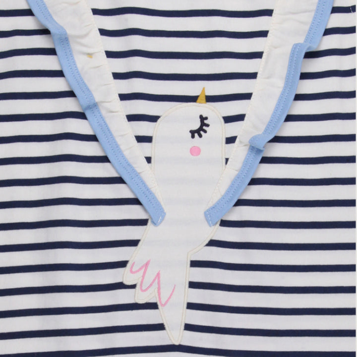 Betty Bird applique on a stripe print Frill Wing sleeve less Dress - bird applique close up