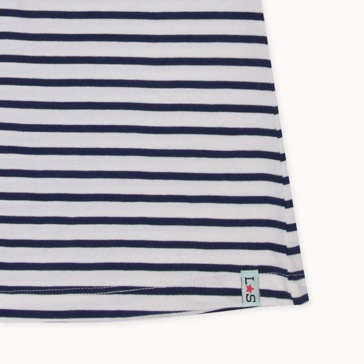 Betty Bird applique on a stripe print Frill Wing sleeve less Dress - close up