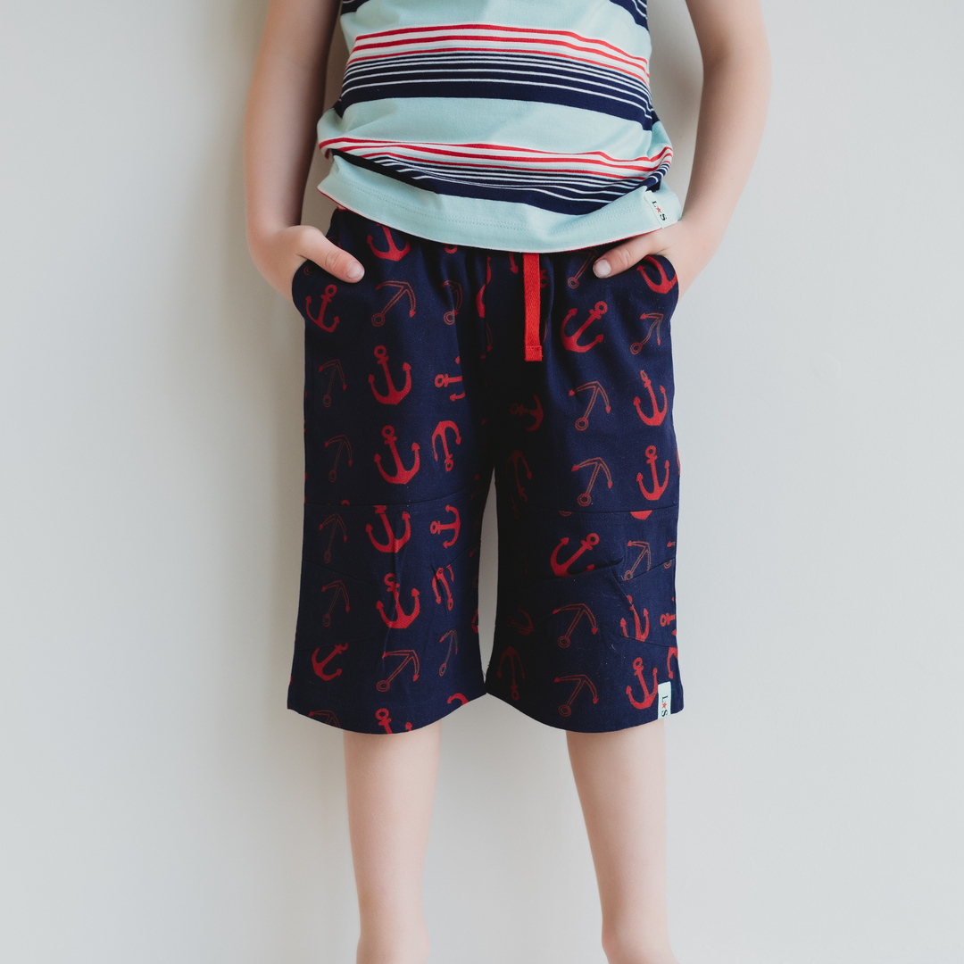 ago free dye Navy Anchor Print Shorts with red stripe waistband - lifestyle image 