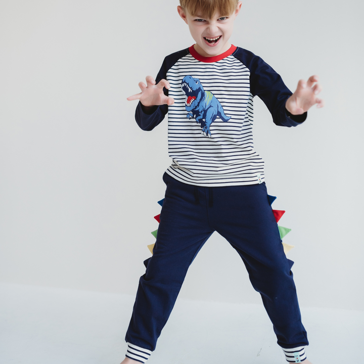 organic cotton Navy Dinosaur Applique Joggers - lifestyle image 