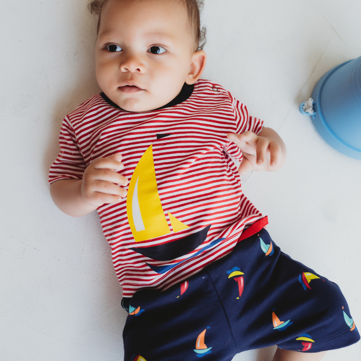 organic cotton Multicoloured Boat Print short sleeve Top And Short Set - lifestyle image 