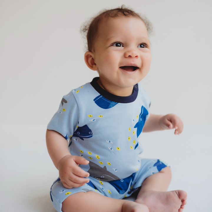 azo free dyes Blue Whale Print short sleeve Romper - lifestyle image 