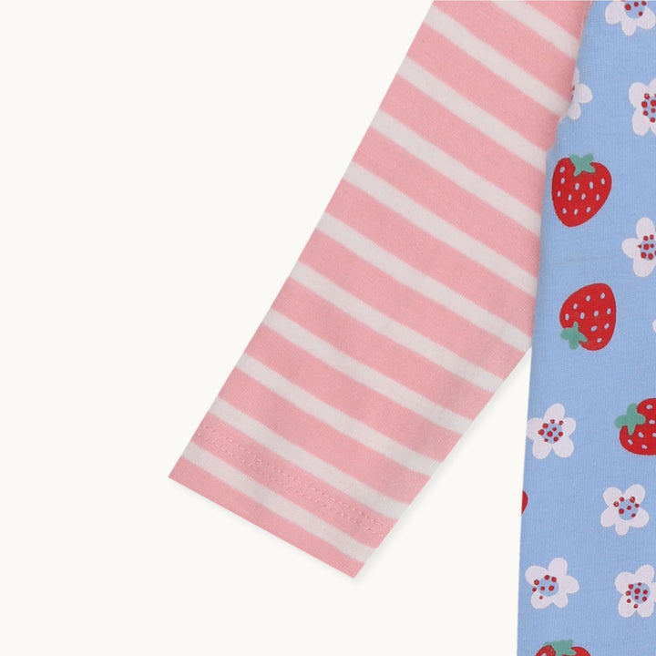 Organic cotton strawberry flower baby playsuit - close up 2