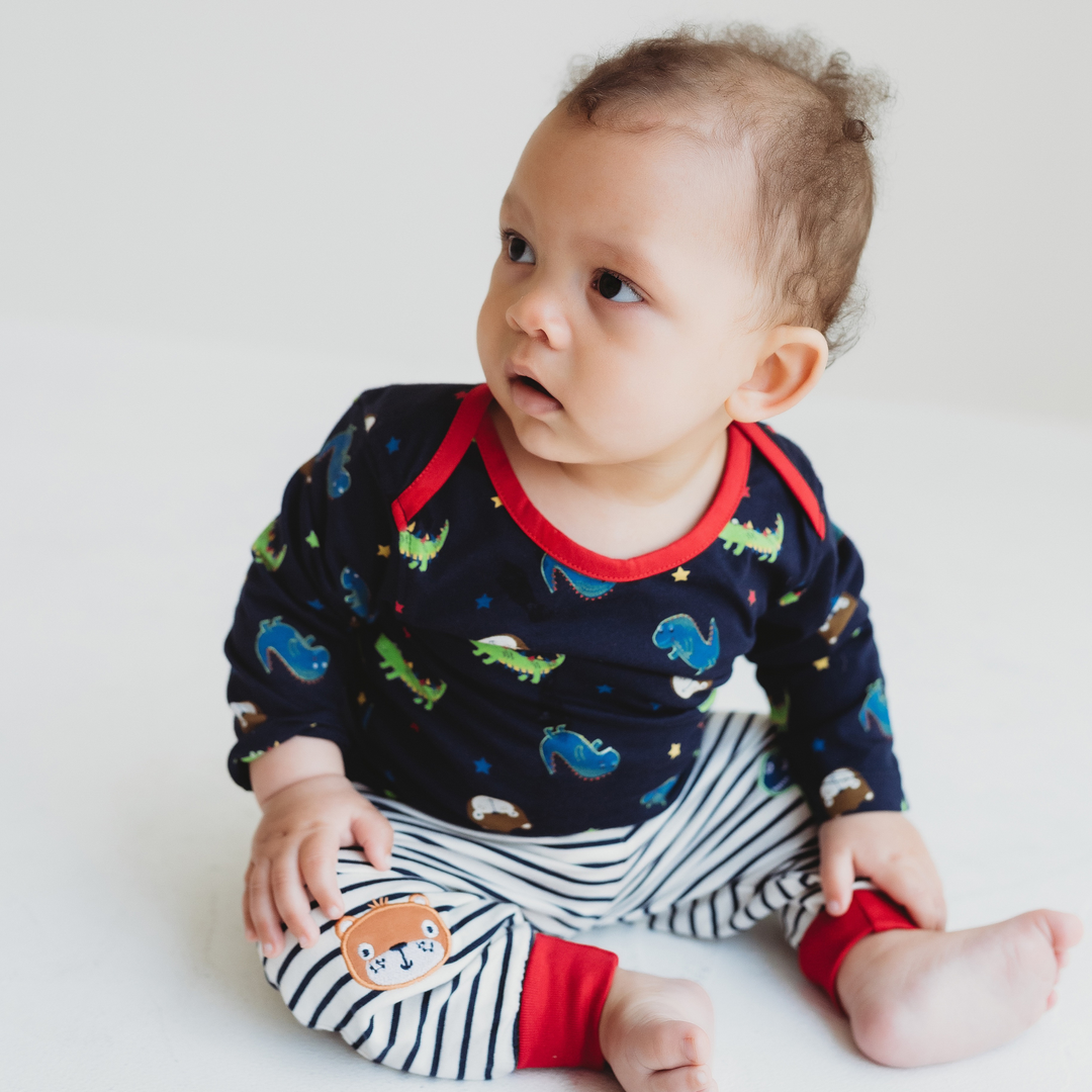 Multicoloured Dinosaur Print long sleeve Top And stripe Jogger Set - lifestyle image 