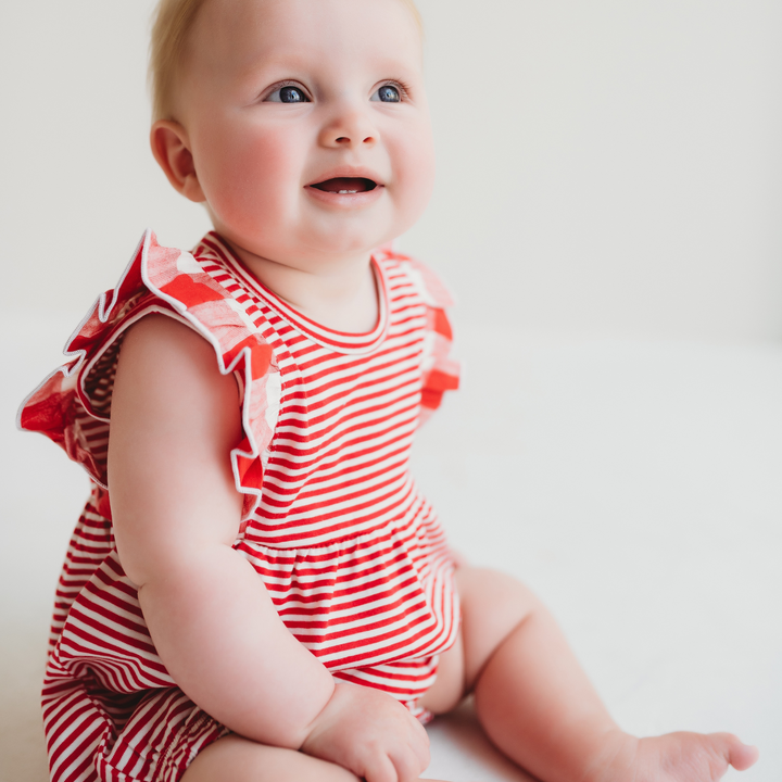 organic cotton Red Gingham and stripe Print Romper - lifestyle image 