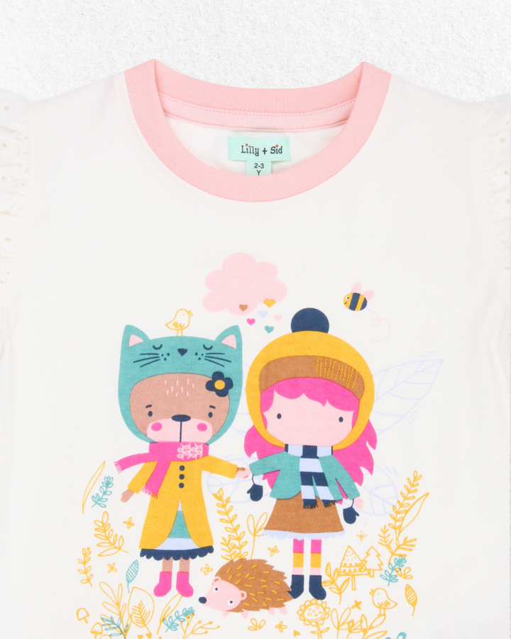 organic cotton Woodland Friends print frill full sleeve Top - close up