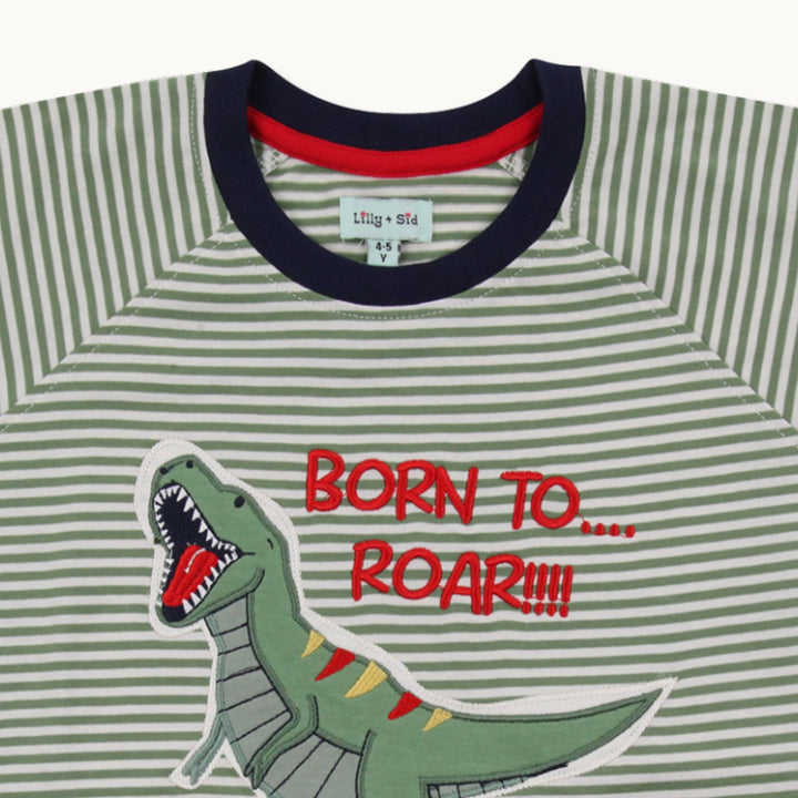 organic cotton kids Dizzy Dino Roar print short sleeve T-Shirt - close up