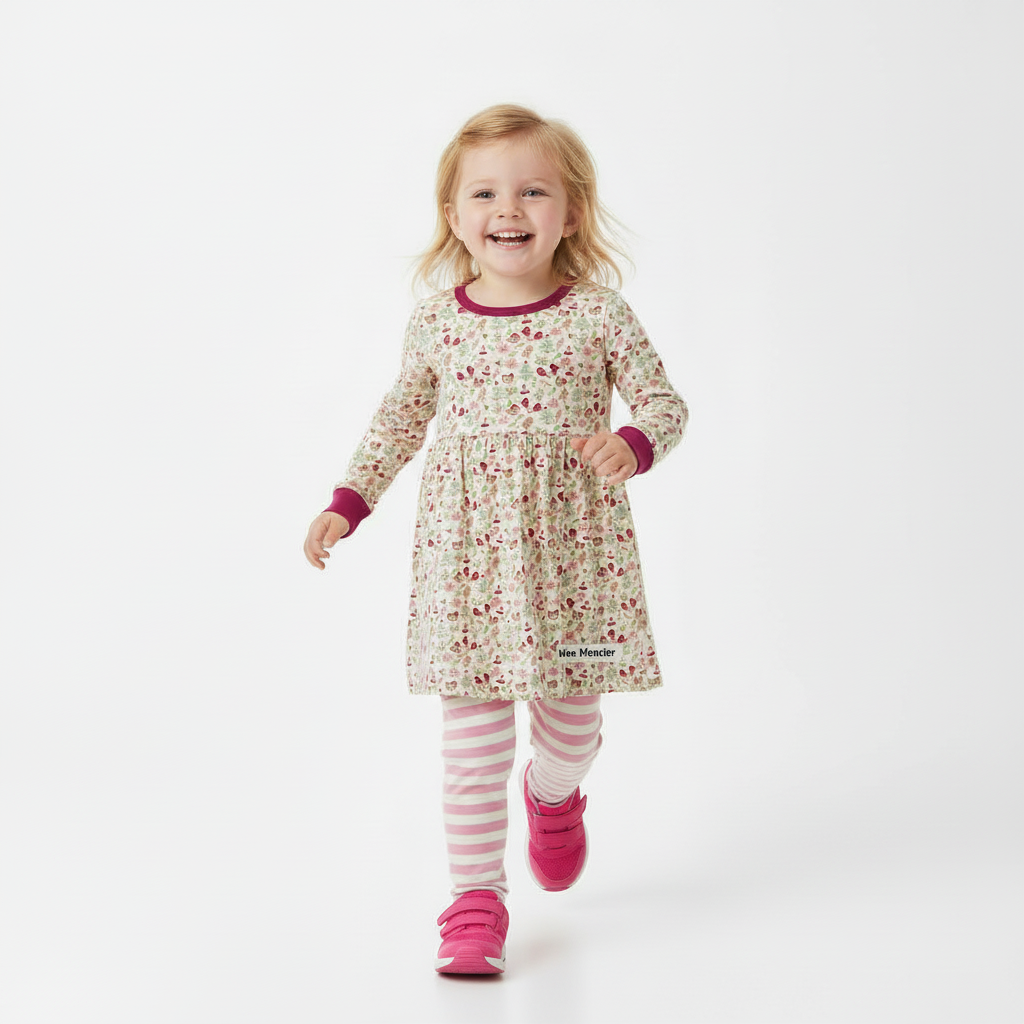 Child wearing a floral dress with pink accents on a white background