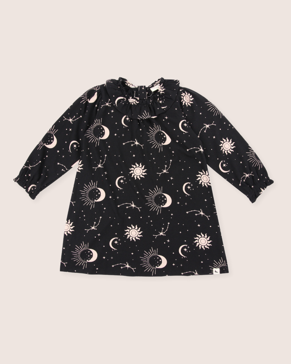 Black Celestial Print Ruffle Neck Dress
