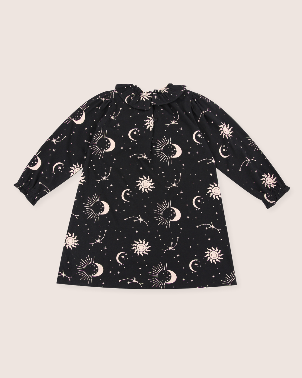 Black Celestial Print Ruffle Neck Dress
