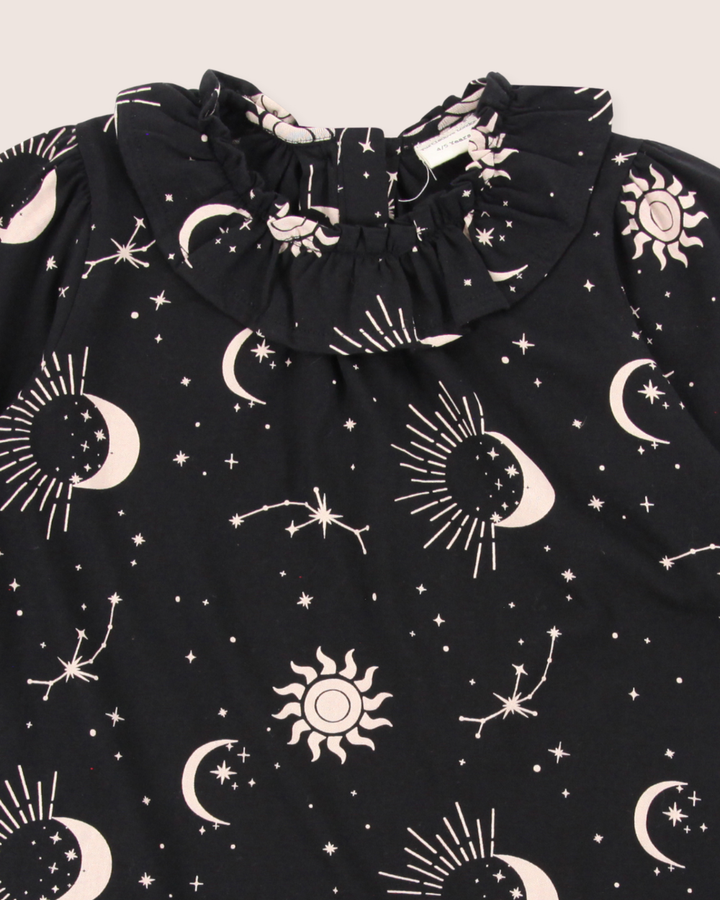 Black Celestial Print Ruffle Neck Dress