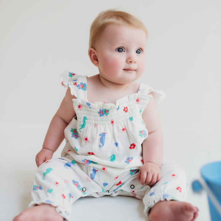 organic cotton Multicoloured Seahorse Print Romper - lifestyle image 