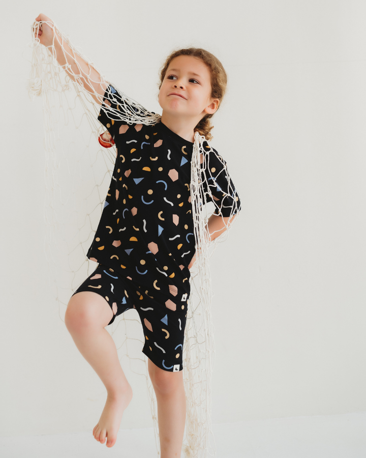 Black Abstract Print T-Shirt And Cycling Shorts Set