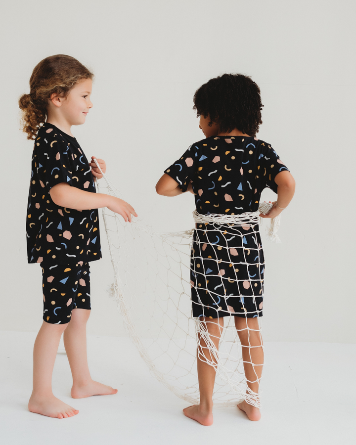 Black Abstract Print T-Shirt And Cycling Shorts Set