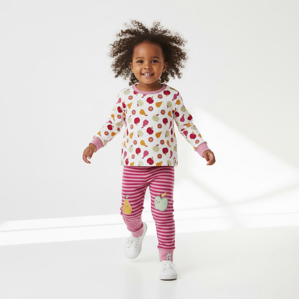 Child wearing a colorful outfit with a white background