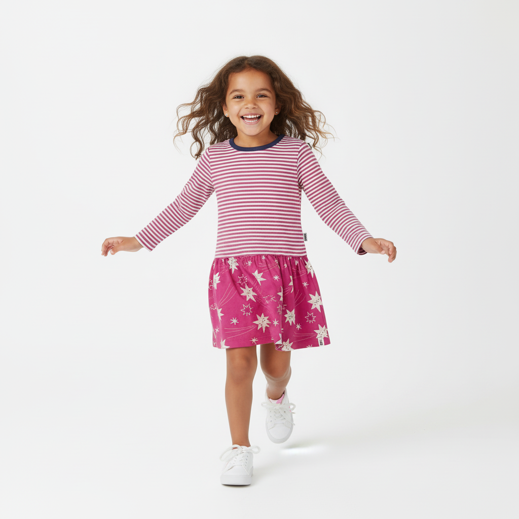 Child wearing a pink and white striped dress with a floral skirt on a white background