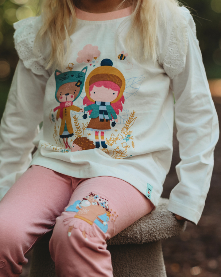 model wearing organic cotton Woodland Friends print frill full sleeve Top - image 2