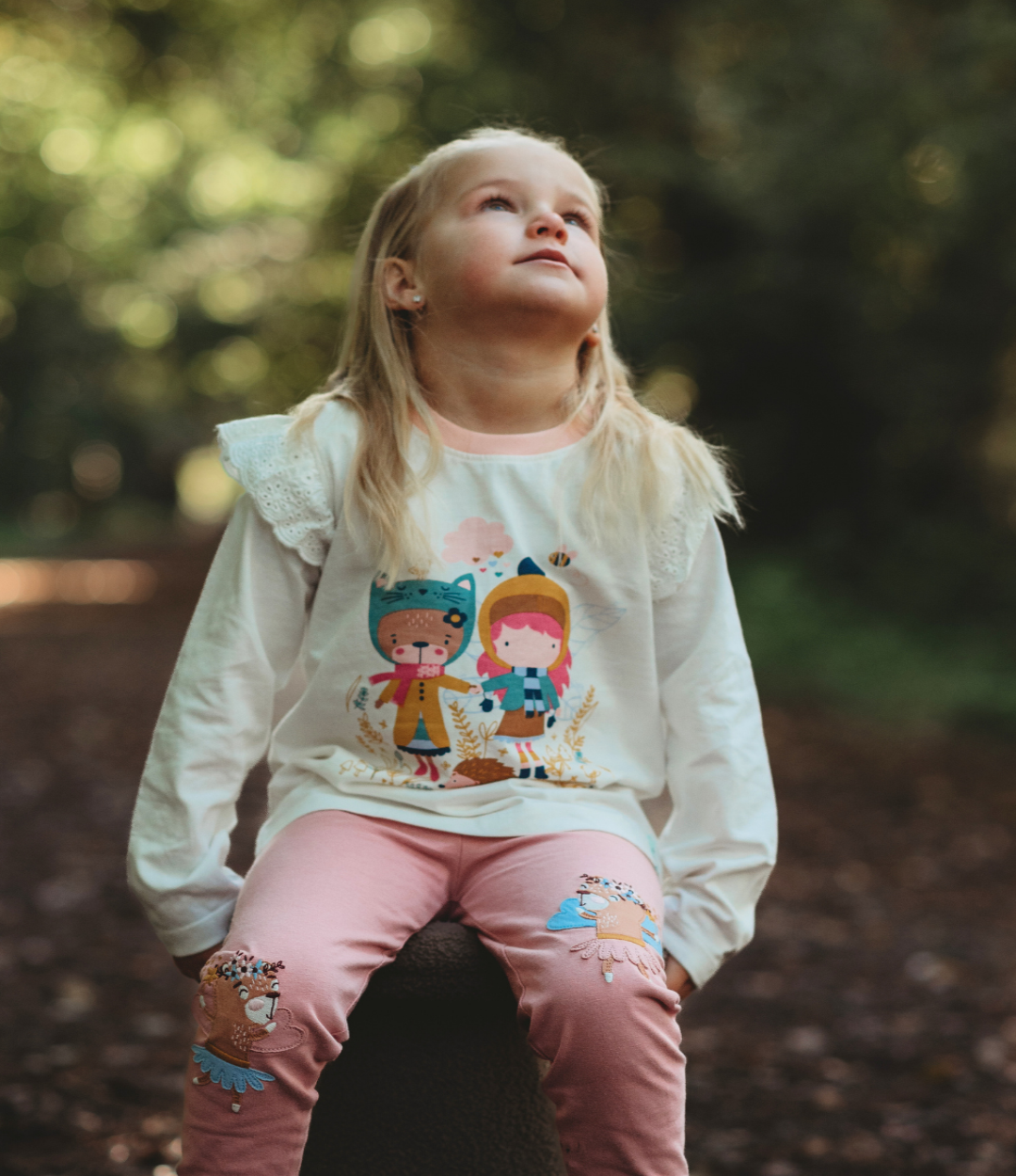 model wearing organic cotton Woodland Friends print frill full sleeve Top - image 1