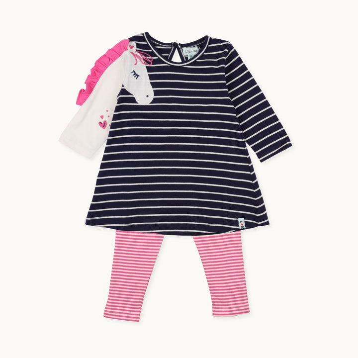 organic cotton Horse Sleeve and stripe Dress & Leggings Set