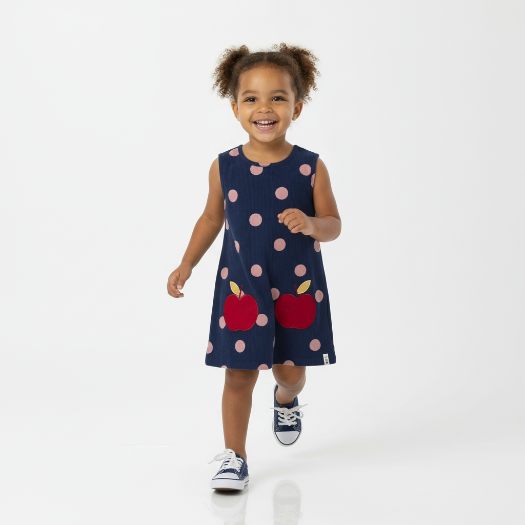 Child wearing a navy dress with pink polka dots and red apples on a white background