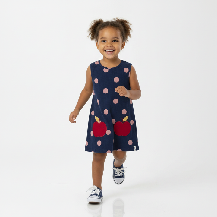 Child wearing a navy dress with pink polka dots and red apples on a white background