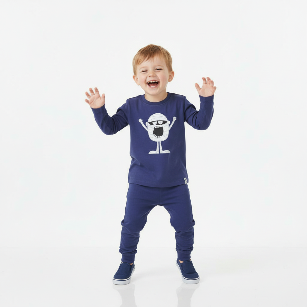 Child wearing a blue outfit with a white graphic on a white background