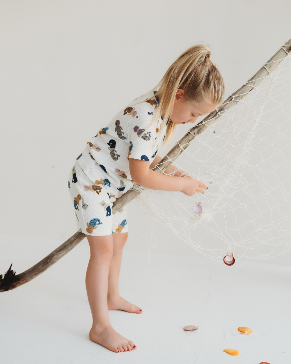 White Merbear Print T-Shirt & Shorts Set