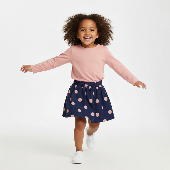 Child wearing a pink long-sleeve top and navy skirt with pink polka dots on a white background