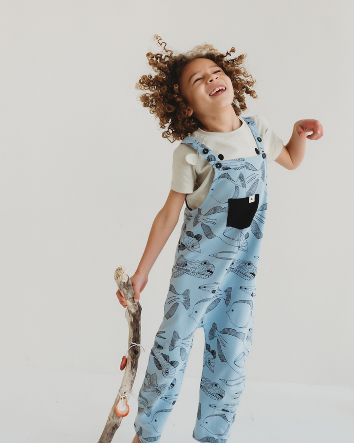 Blue Fish Print Dungarees
