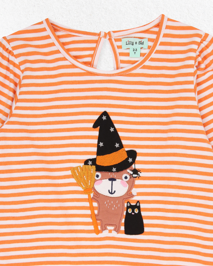 Applique Lilly Witch on a stripe print full sleeves Dress close up