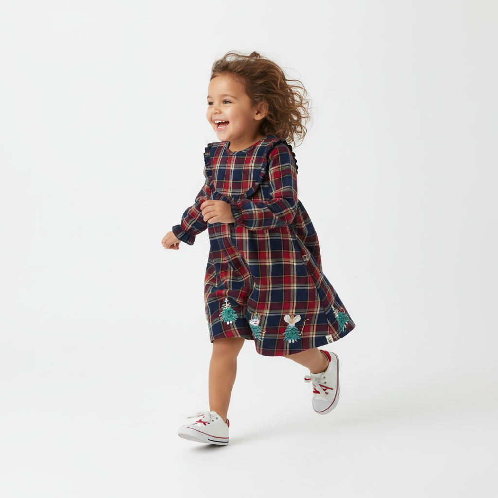 Child wearing a plaid dress with a white background