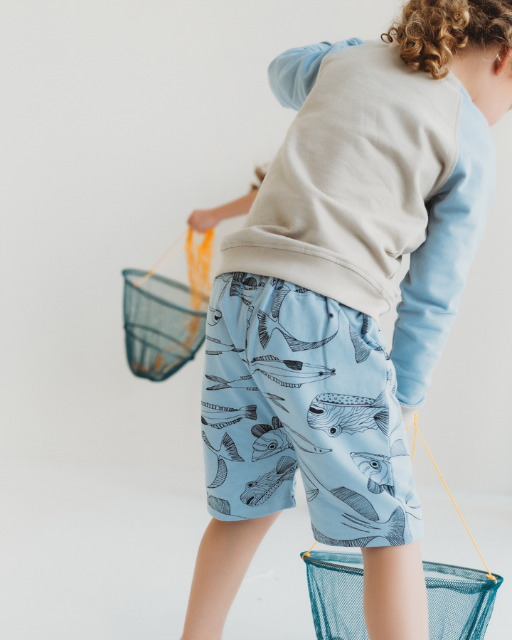 Blue Fish Print Shorts