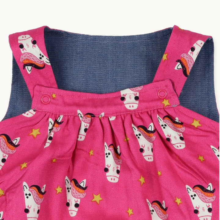 sustainable baby Horse & Denim Reversible Pinafore Dress - close up