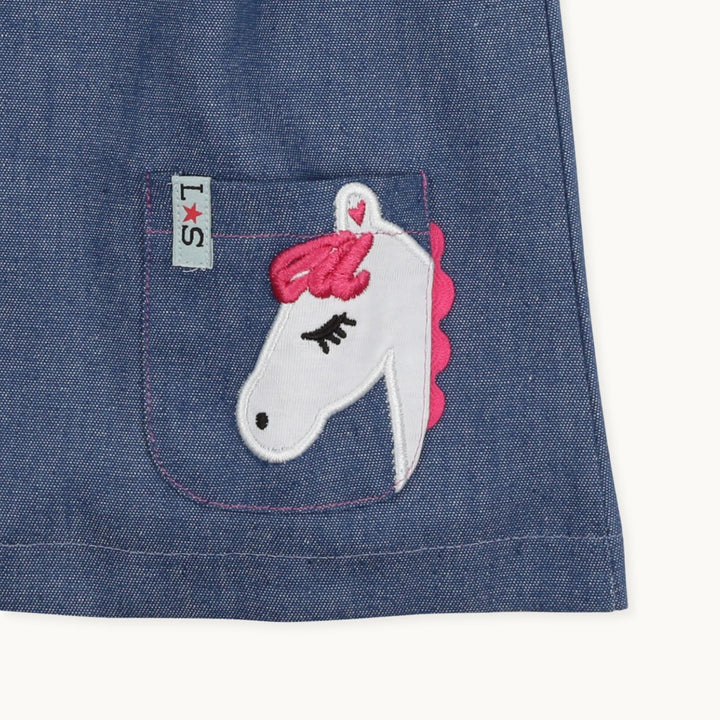 sustainable baby horse denim Reversible Pinafore Dress - close up
