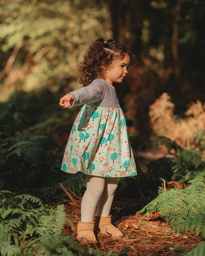 model wearing organic cotton Stripe & Woodland print Corduroy  Dress - image 1