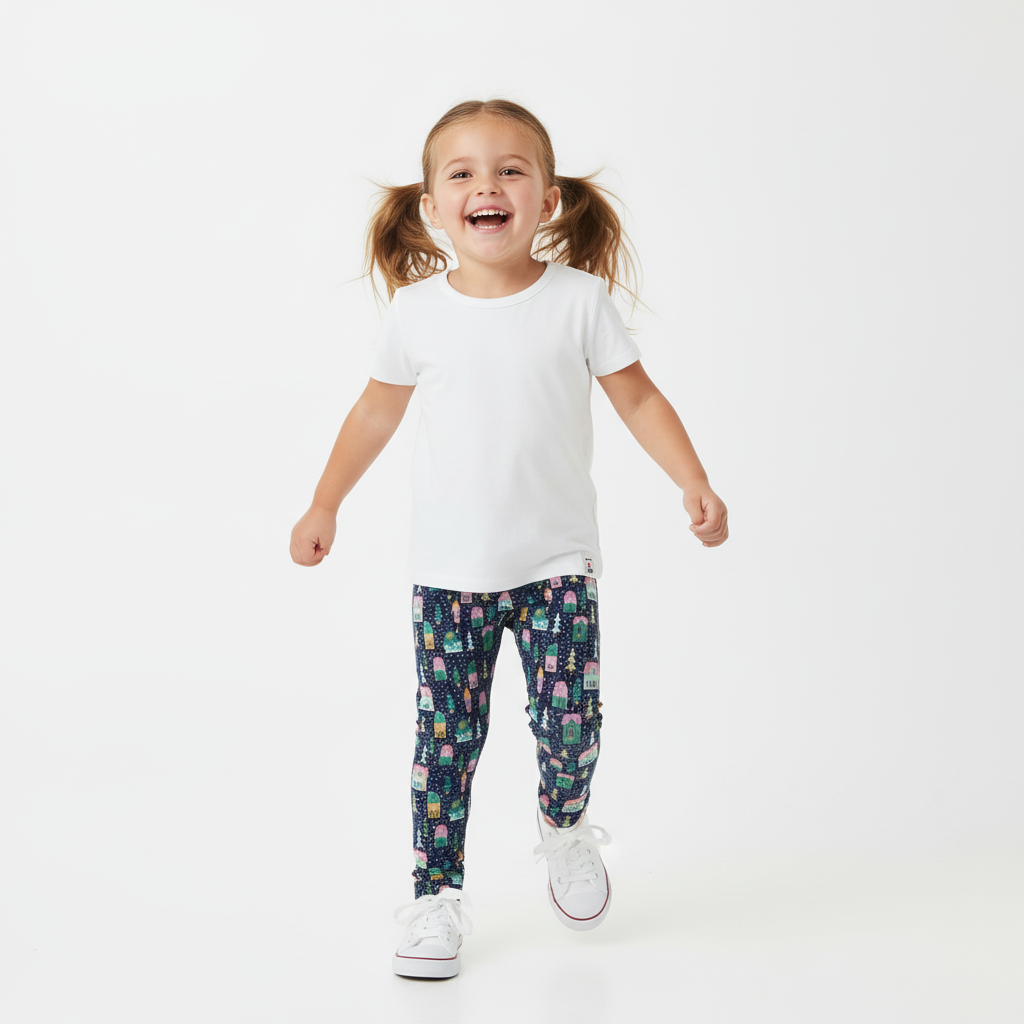 Child wearing a white t-shirt and patterned pants on a white background