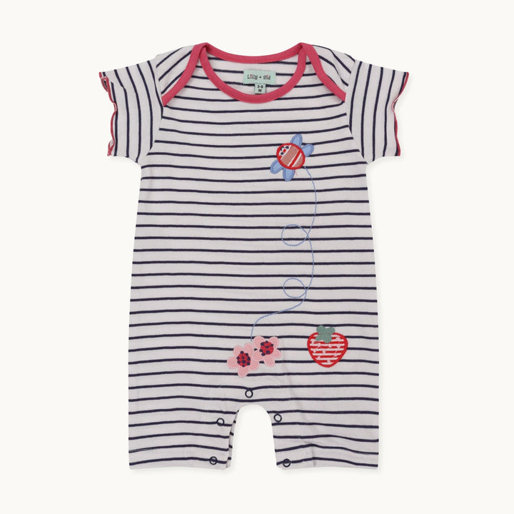 organic cotton bees applique and stripe short sleeve romper - image 1
