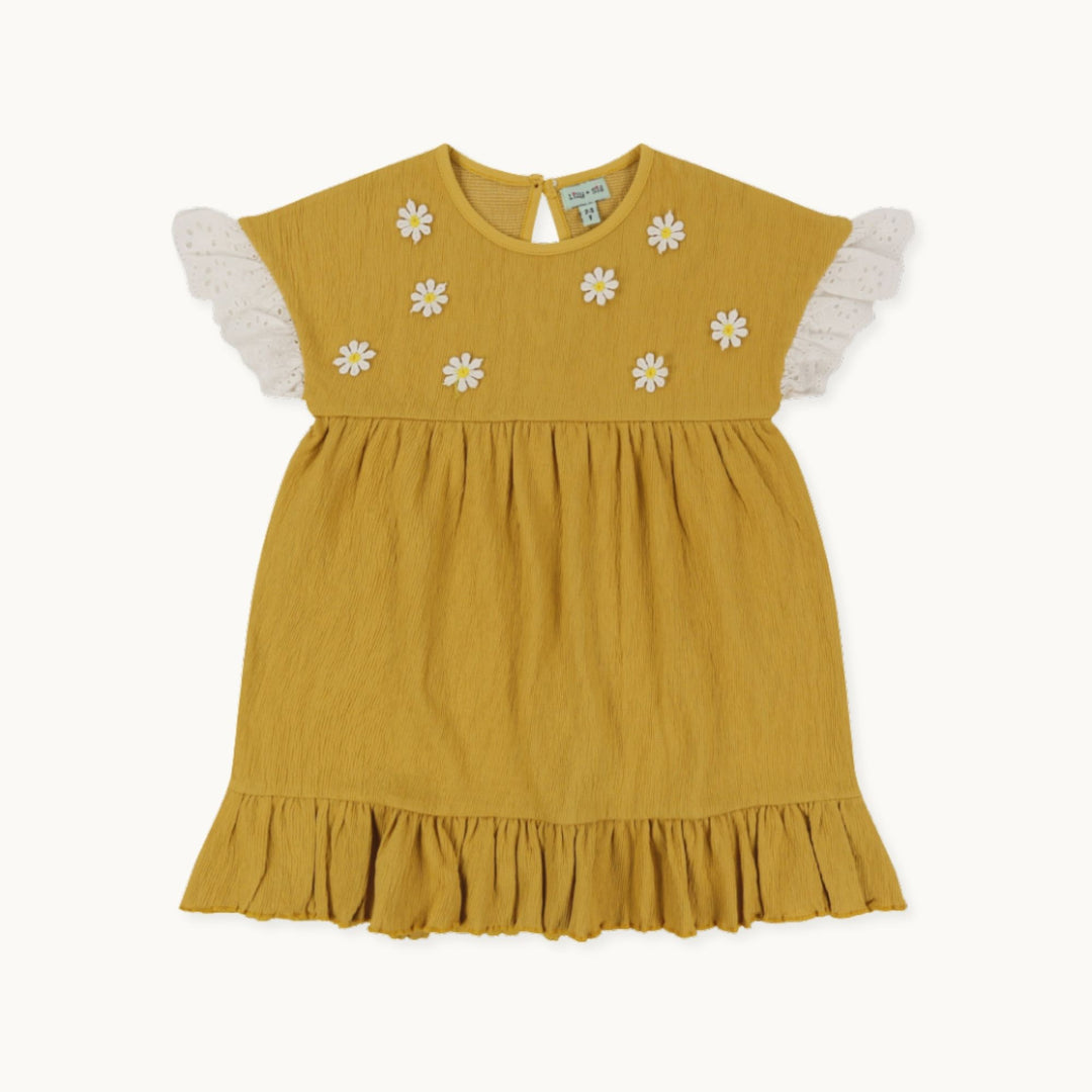 Kids organic cotton frill sleeve dress with flower embroidery - 1