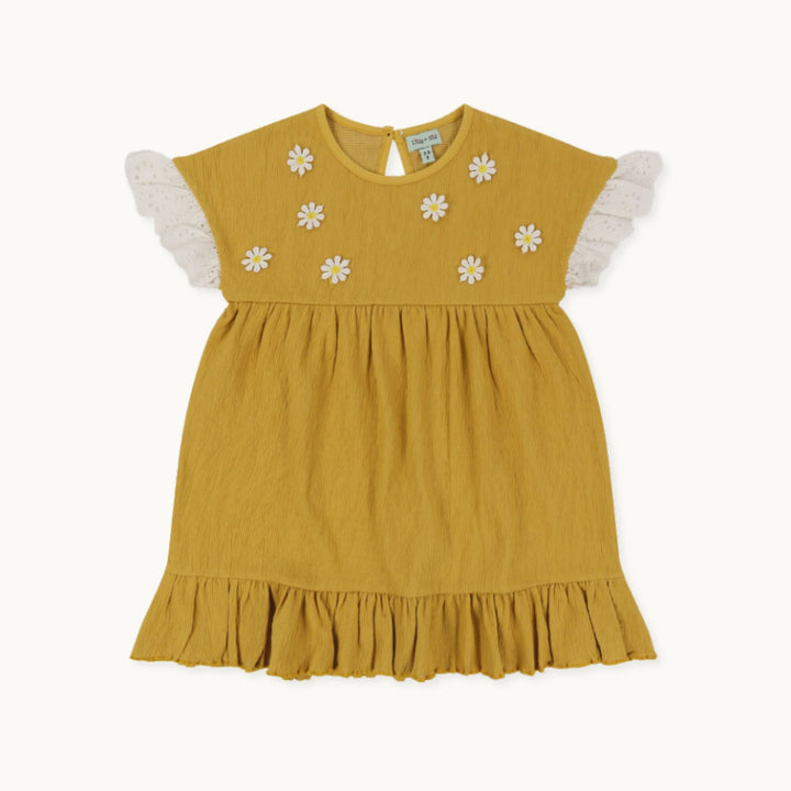 Kids organic cotton frill sleeve dress with flower embroidery - 1
