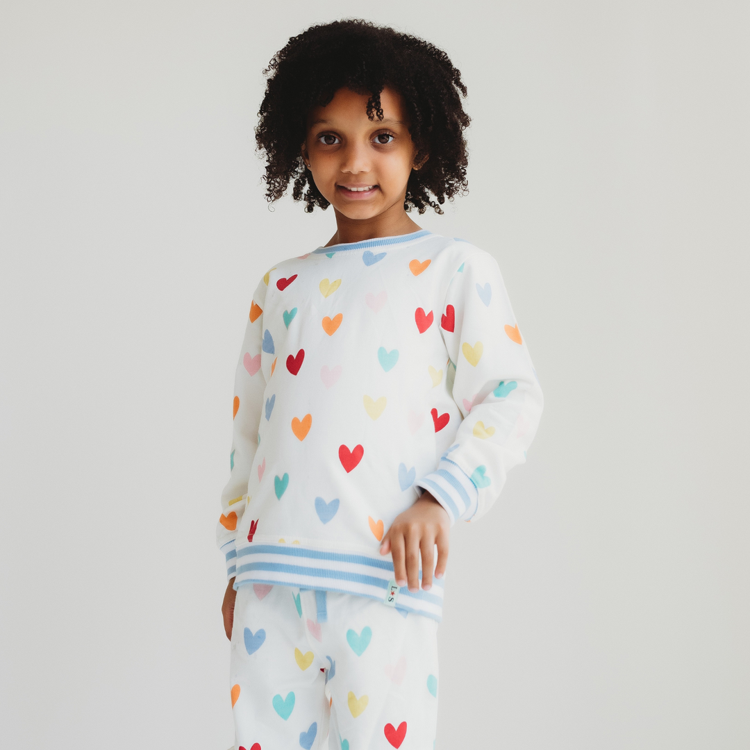 organic cotton White Heart Print Sweatshirt with stripe neckline - lifestyle image 