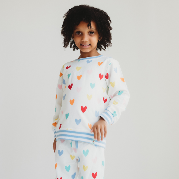 organic cotton White Heart Print Sweatshirt with stripe neckline - lifestyle image 