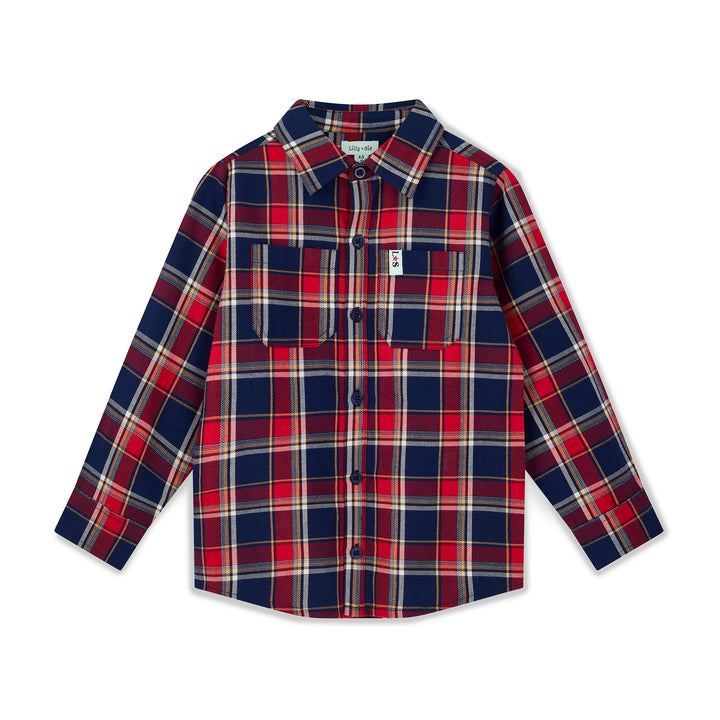 Plaid shirt with red, blue, and white pattern on a white background