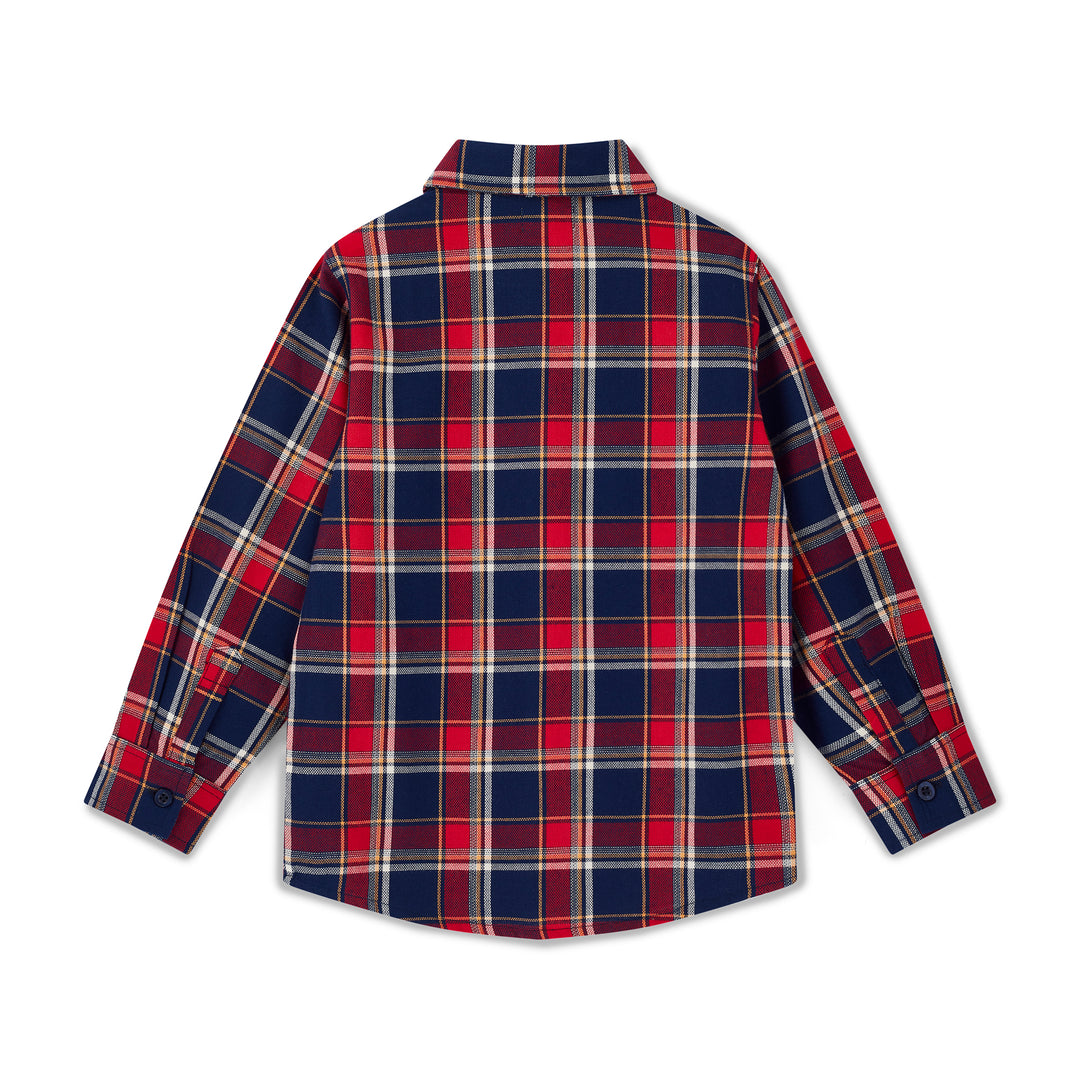 Plaid shirt with red, blue, and white pattern on a white background