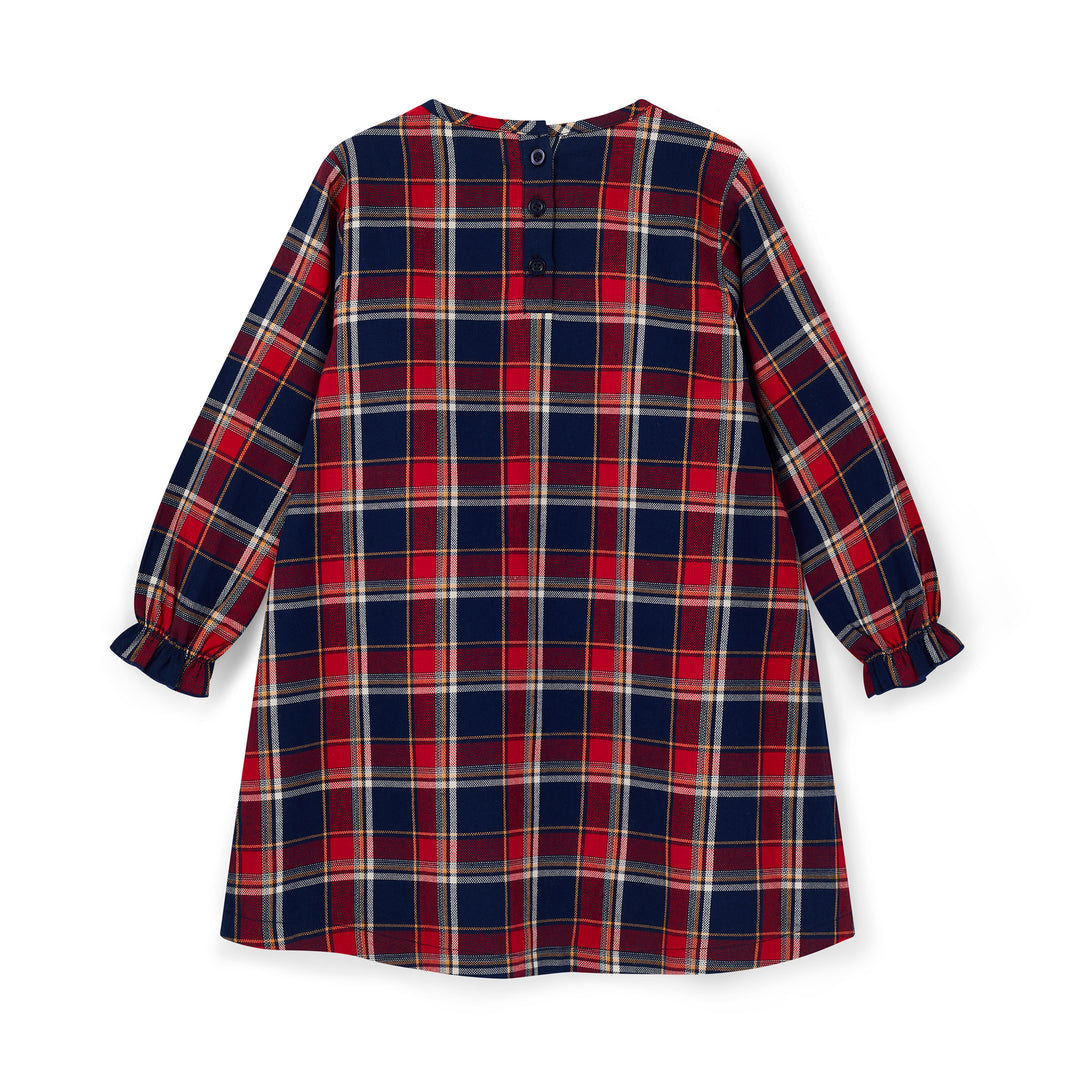 Plaid dress with red, blue, and white pattern on a white background
