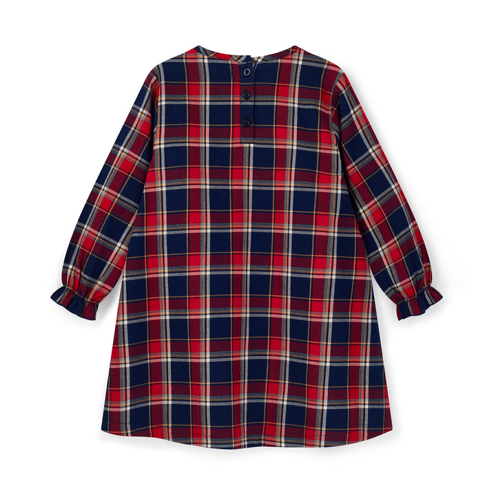 Plaid dress with red, blue, and white pattern on a white background